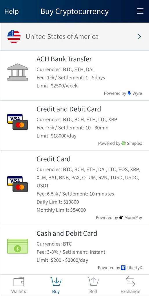 Reseña Edge Wallet: Opciones de compra de criptomonedas.