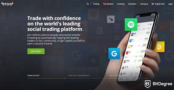 Etoro отзывы: главная страница сайта.