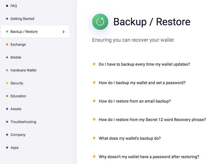 Exodus Wallet İncelemesi: FAQ Ekranı