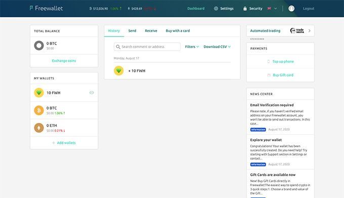 Freewallet review: the front page of Freewallet.