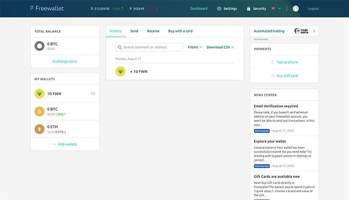 Freewallet отзывы: главный экран.