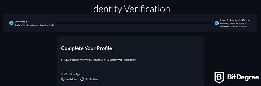 FTX review: KYC identity verification.