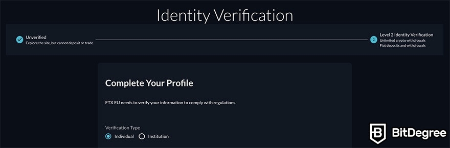 FTX review: KYC identity verification.