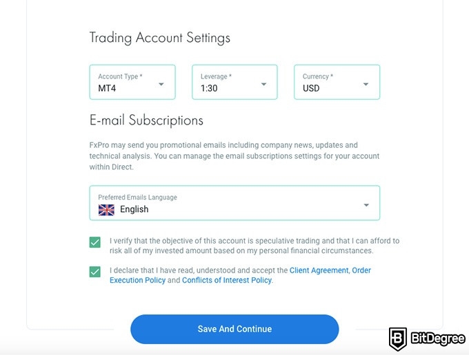 FxPro review: trading account settings.