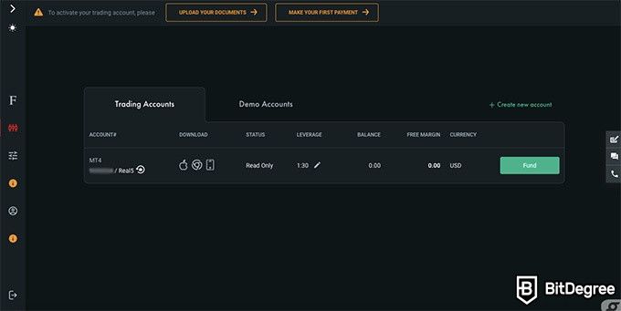 FxPro review: your account dashboard.