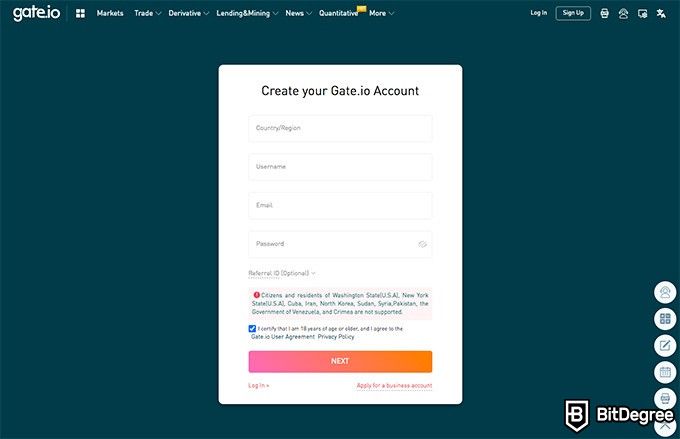 Gate.io exchange review: account creation.