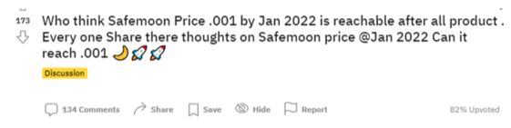 SafeMoon price review 2021: a Reddit post about SafeMoon's price on January 2022.