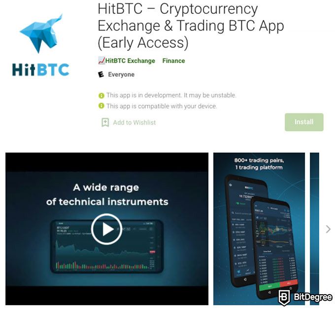 Análise da HitBTC: aplicativo móvel da HitBTC.