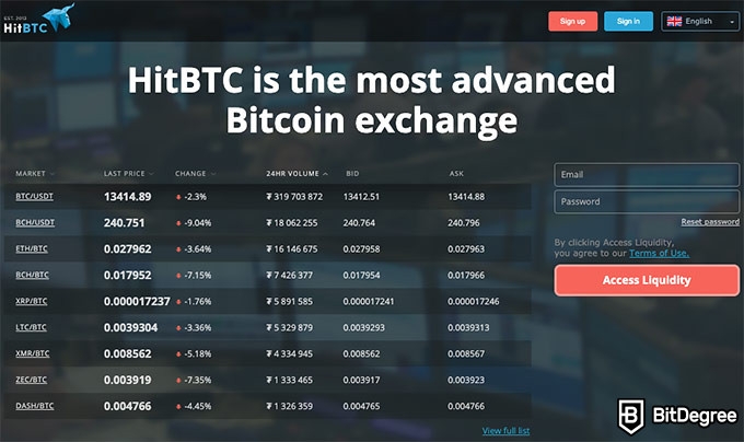 Análise da HitBTC: primeira página da HitBTC.