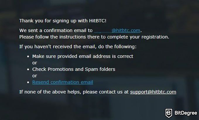 HitBTC отзывы: завершение регистрации.
