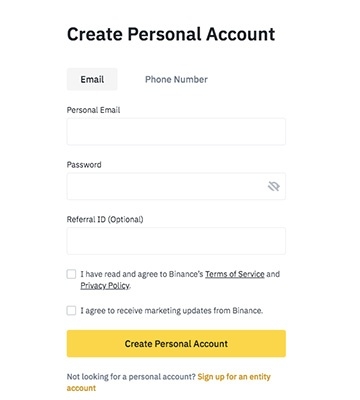 How to buy Bitcoin: Binance registration screen.