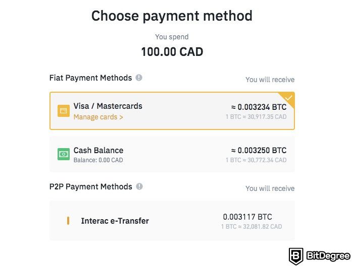 How to buy Bitcoin in Canada: Binance payment methods.