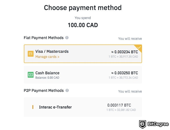 Cách mua Bitcoin ở Canada: Phương thức thanh toán của Binance.