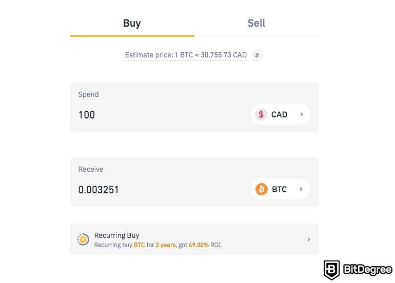 How to buy Bitcoin in Canada: Binance buying page.