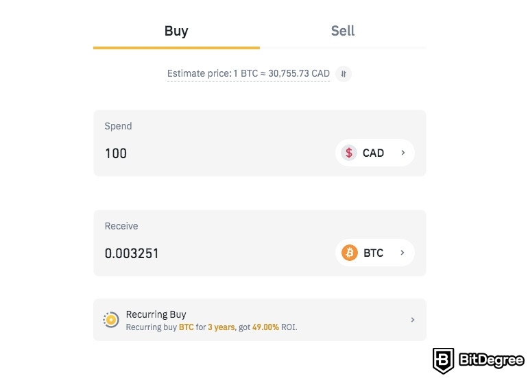 Cách mua Bitcoin ở Canada: Trang mua của Binance.