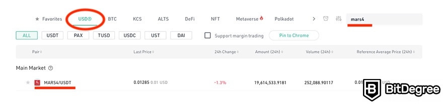 How to buy Mars4: KuCoin trading pairs.