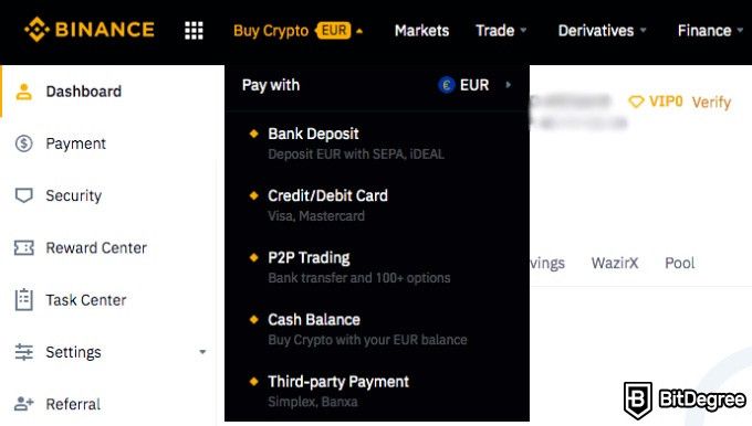 Cara Melakukan Pembelian di Binance: tab Buy Crypto.