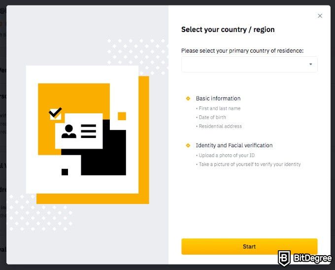 How to buy on Binance: selecting your region and verifying your identity.