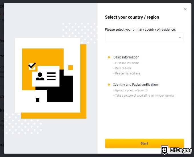 Como comprar no Binance: selecionando sua região e verificando sua identidade.