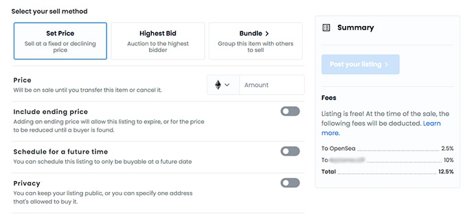 How to create NFT art: setting up the pricing of your NFT.