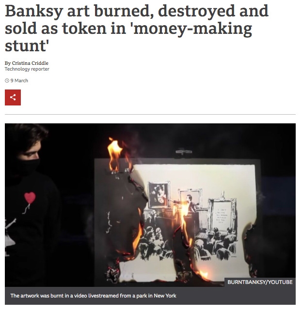 How to create NFT art: Banksy painting being burned.