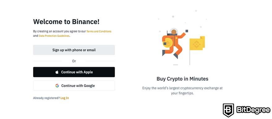 How to get free cryptocurrency: Binance sign up page.