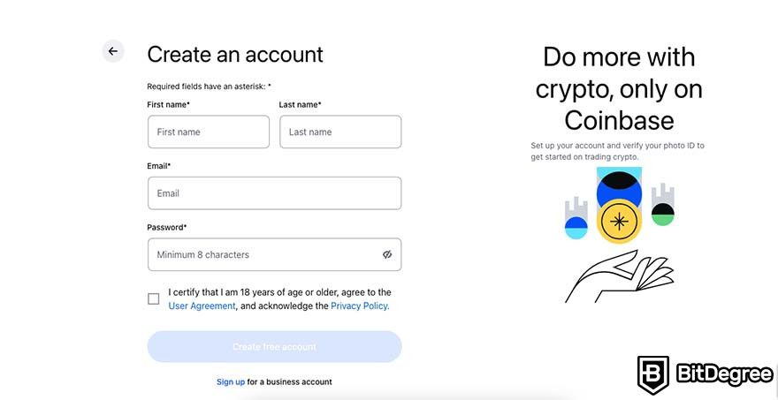 How to get free cryptocurrency: Coinbase create account page.