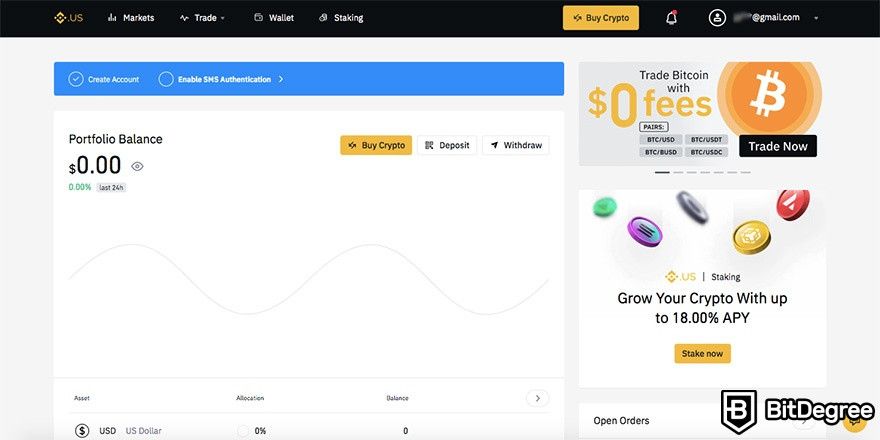 How to use Binance in the US: dashboard.