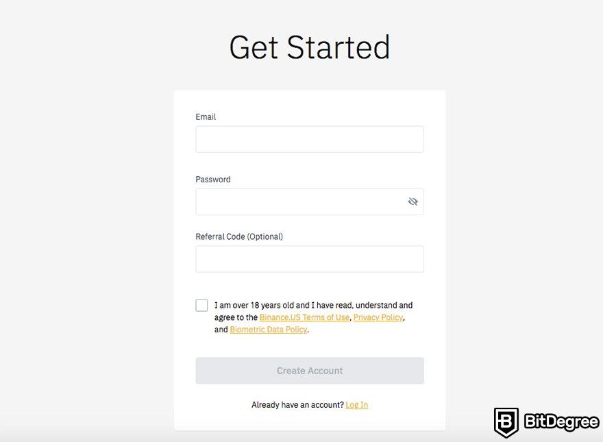 How to use Binance in the US: registration window.