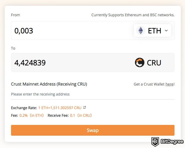 How to use Crust Network: trading ETH for CRU tokens.