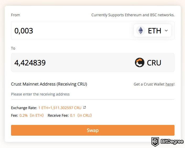 Como usar Crust Network: trocando ETH por tokens CRU.