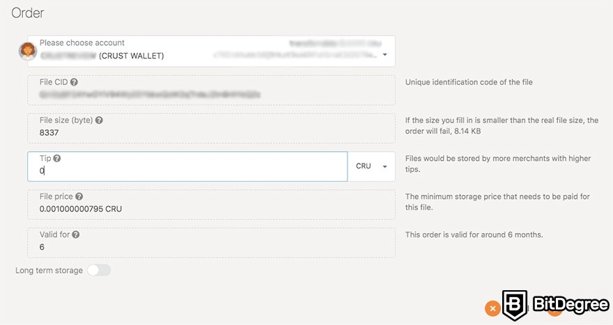 How to use Crust Network: order confirmation.