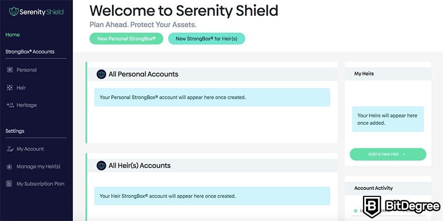 How to use Serenity Shield StrongBox: StrongBox dashboard.