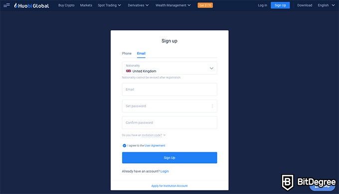 Huobi exchange review: sign up.