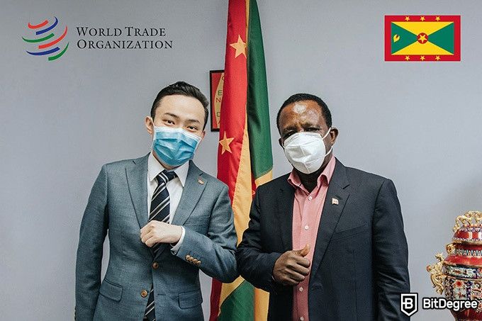 Justin Sun WTO Grenada: Justin Sun and Prime Minister Keith Mitchell. Image credit: WTO.