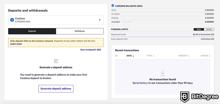 Kraken staking: making a Cardano (ADA) deposit.