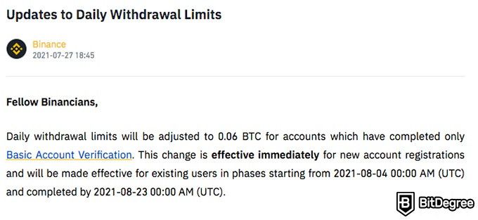 KYC: Binance withdrawal limits for non-verified accounts.