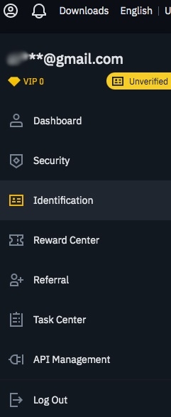 KYC: identification tab on Binance.