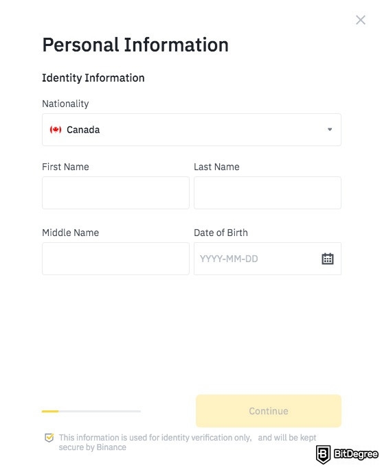 KYC: entering your basic information on Binance.