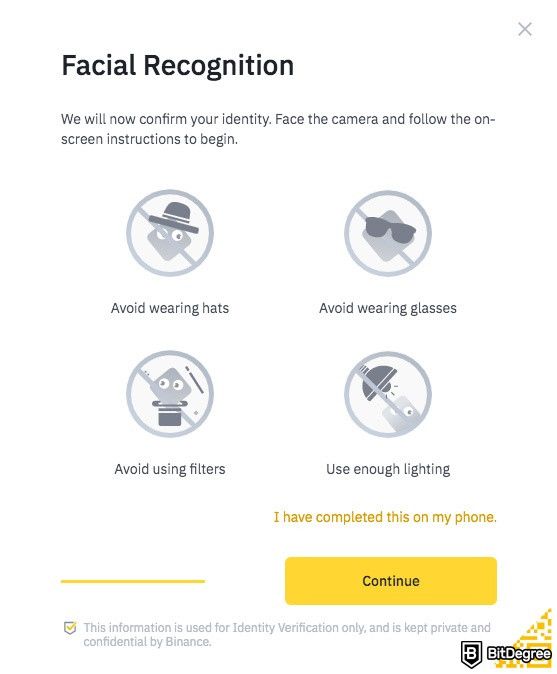 KYC: facial recognition checks on Binance.
