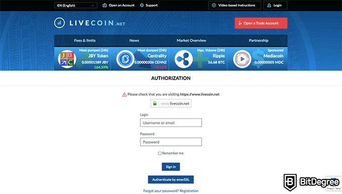 Análise da Exchange Livecoin: página inicial.