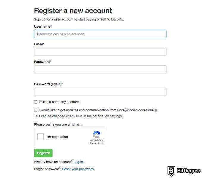 Đánh giá LocalBitcoins: đăng ký tài khoản mới.