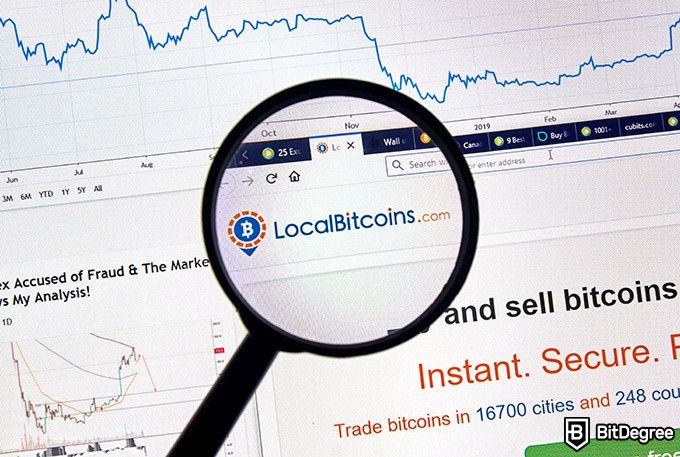 LocalBitcoins review: magnifying glass held over a LocalBitcoins website page.