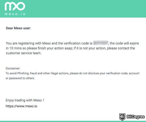 Mexo review: email confirmation.
