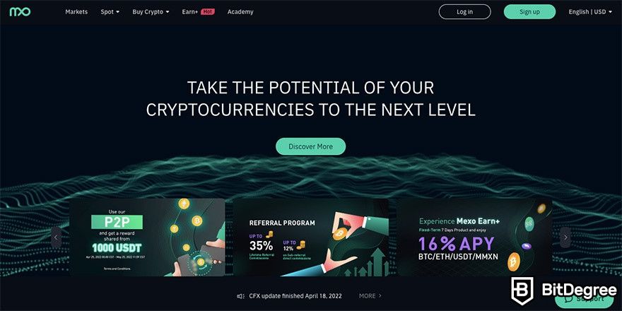 Mexo review: the front page of the exchange.
