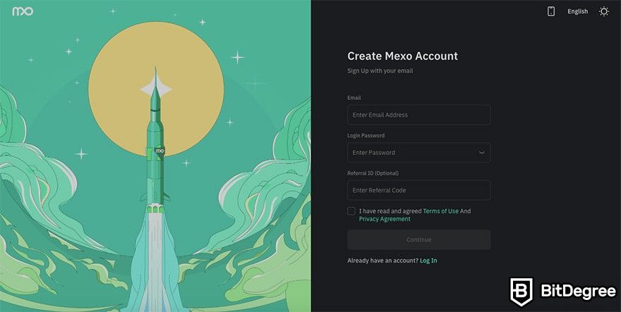 Mexo review: sign-up window.