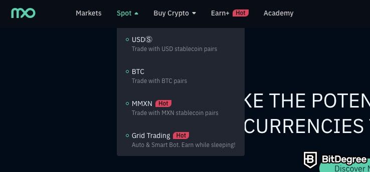 Mexo review: Spot trading markets.