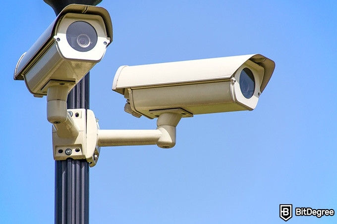 Most secure vault in the world: security cameras, and a blue sky in the background.