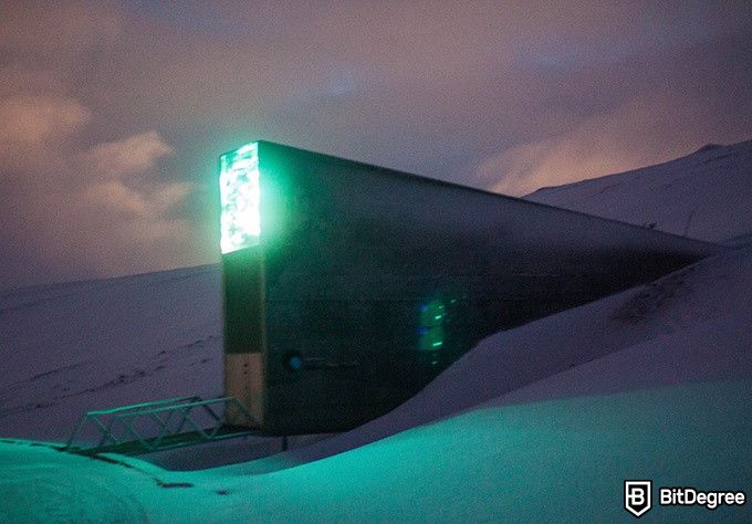 Most secure vault in the world: the Svalbard seed vault at night.