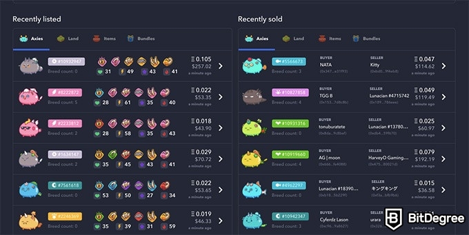 NFT gaming: Axie Infinity marketplace.